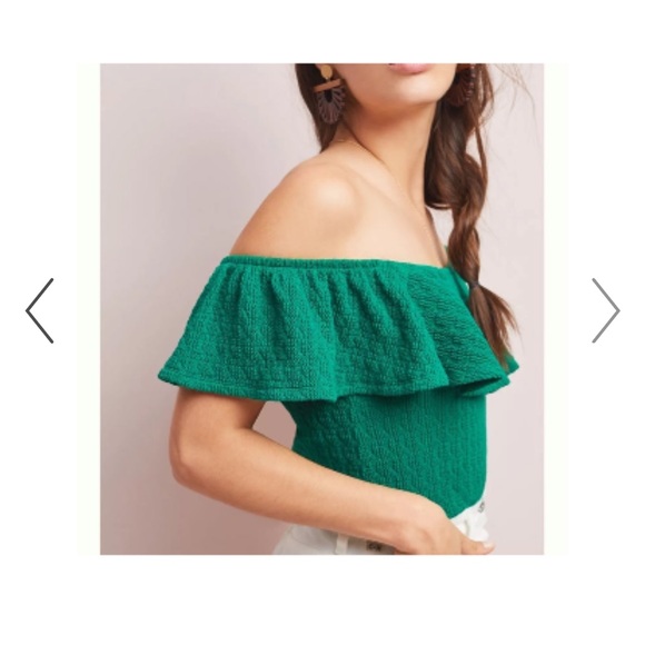 Anthropologie | Green Textured Off Shoulder Top blouse women’s Medium - Picture 4 of 10